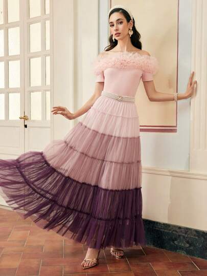 ZEYLAH CAMISETA DE HOMBROS DESCUBIERTOS CON MALLA DE CONTRASTE