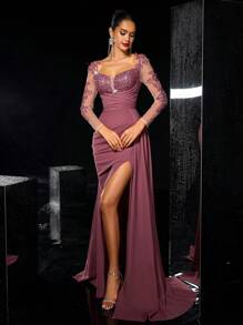 Glamrae Elegant Luxurious Embroidered Lace Applique Sheer Long Sleeve Crinkle Ruffle Side Slit Fishtail Hem Dress, Suitable For Weddings, Parties, Vacations, Galas, Evening Formal Occasions, Wedding Guest Dress, Party Dress,Gown