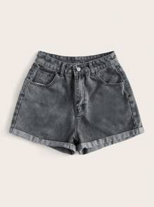 SHEIN EZwear 女士休闲卷边斜口袋牛仔短裤 - 淺灰色 - 查看 3