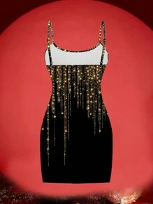 SHEIN EZwear Váy suông họa tiết giả đá tối giản giản dị dành cho nữ, dài ngắn, thích hợp cho mùa hè - màu đen - Xem 6