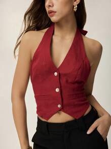 Poéselle 女士酒红色吊带背心套装背心露背不对称下摆纽扣门襟纯色吊带休闲日常上衣情人节沙滩装波西米亚风亚麻背心夏季女士背心夏季女士上衣红色上衣夏季女士波西米亚风上衣商务女士红色上衣西部风女士节日波西米亚嬉皮士复古波西米亚风 - 酒紅色 - 查看 6