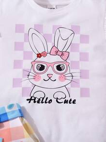 SHEIN Young Girl 2 Pieces Set: Knit Plain Cute Rabbit Graphic Round Neck Top And Woven Fitted Mini Skirt, Suitable For Easter, Baby Shower, Party, Birthday, Princess Girls Dress, School Clothes - White - View 4