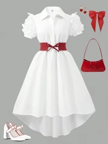 SHEIN Explorewe 适合少女的法式复古雪纺衬衫裙，飘逸柔软，宽松舒适，贴身优雅，适合夏季，适合婚礼/婚礼宾客