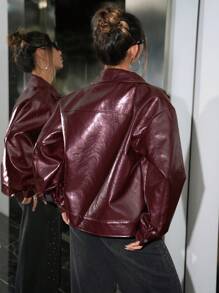 SHEIN ICON 女士纯色时尚宽松落肩长袖 PU 皮夹克，秋季