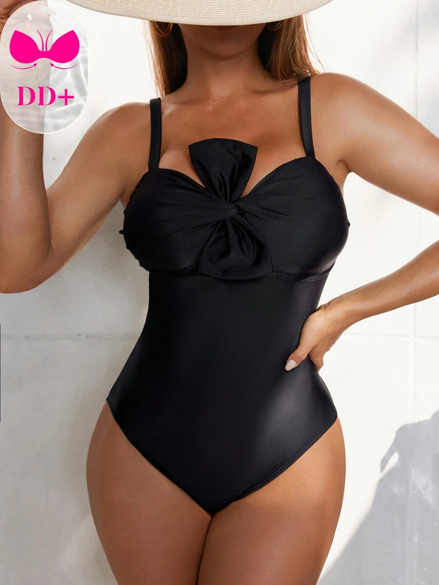 Swim DD+ Women's One-Piece Sexy Casual Bowknot Design Adjustable Strap Soft Cup Wireless Swimsuit For Summer Beach Vacation - Black - View 1