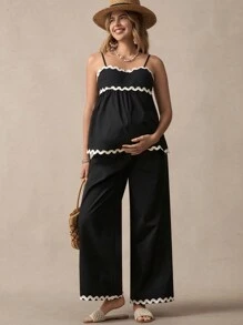 Boho Mama 波西米亚可调节吊带背心和阔腿裤两件套孕妇装 - 黑色 - 查看 3