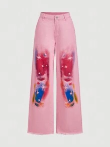 SHEIN MOD 女式前扣口袋印花休闲牛仔裤 - 粉色 - 查看 1