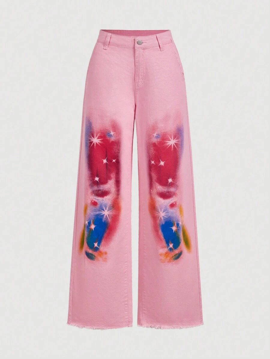 SHEIN MOD 女式前扣口袋印花休闲牛仔裤 - 粉色 - 查看 1
