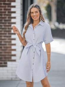 SHEIN LUNE Women's Blue & White Striped Short Sleeve Slit Cuff Open Front Shirt Dress - Blue and White - View 5