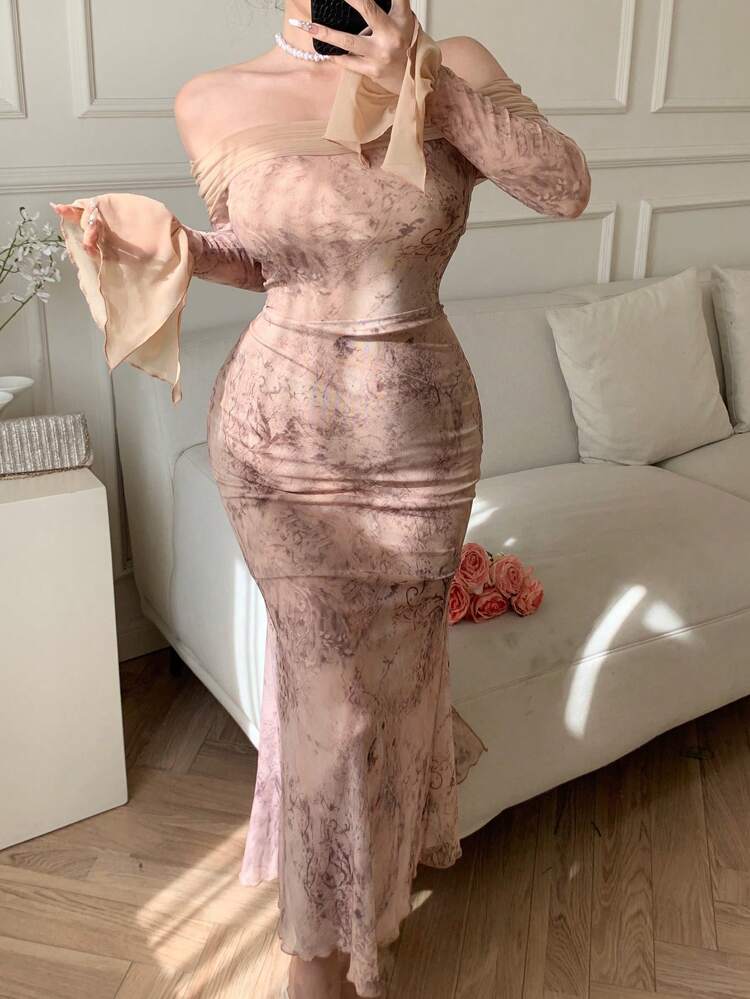 Women's Full Ditsy Floral Print Ruffle Trim, Bell Sleeve, Off Shoulder Midi Dress, Spring & Summer Holiday Elegant Easter