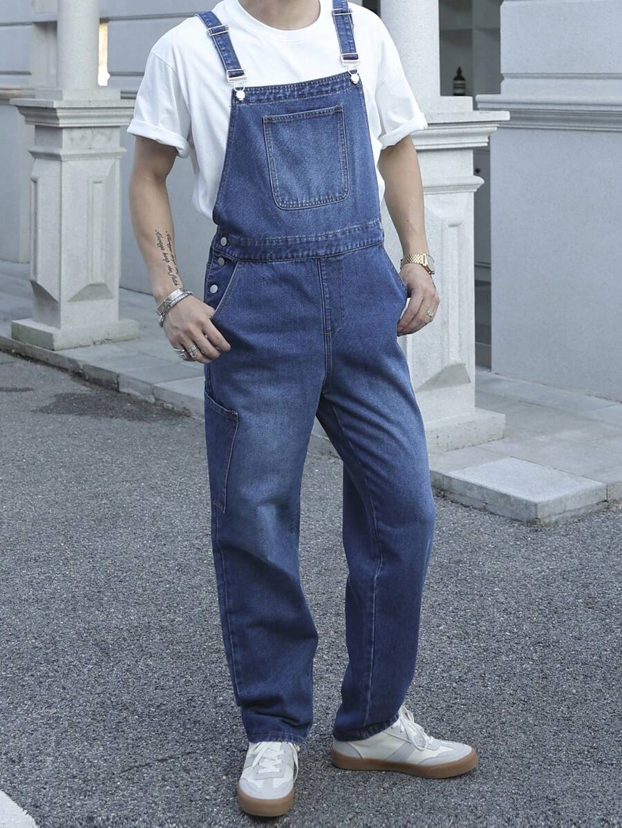 Manfinity Homme Plus Size Men's Denim Bib Overall & Pants Set - Medium Wash - View 1