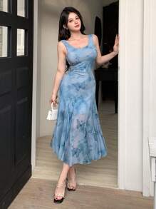 DAZY 1pc Floral Print Women Long Slip Dress SunDress - Blue - View 7