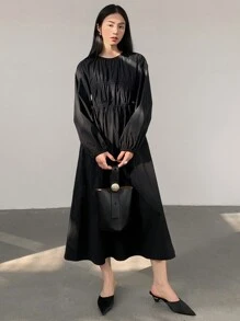 Dazy-Less Loose Casual Drawstring Tie Waist Mid-Length Dress For Women,Ruffle,Fall Dress Business Casual Woman Work Clothes Long Sleeve Dress