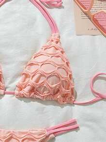 Swim Mod Solid Textured Halter Neck Triangle Top And Bottoms, Cute Women Summer Bikini Set - Pink - View 4