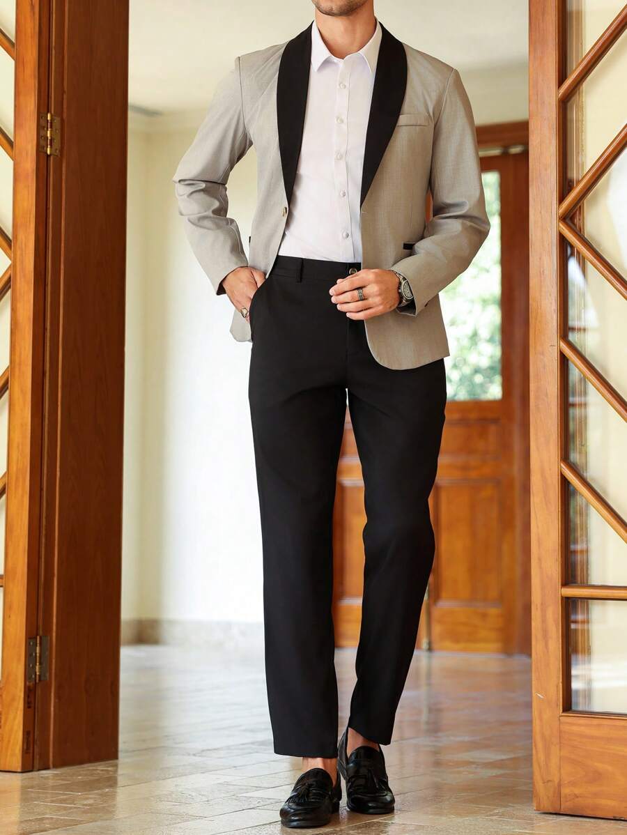 Calvornis Ensemble veste et pantalon en costume pour homme à col châle bicolore - Gris pâle - Voir 1