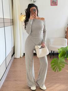 Chiquease Conjunto de 2 piezas con top de punto de manga larga con cuello oblicuo elegante y pantalones sueltos de cintura elástica, apto para primavera y otoño