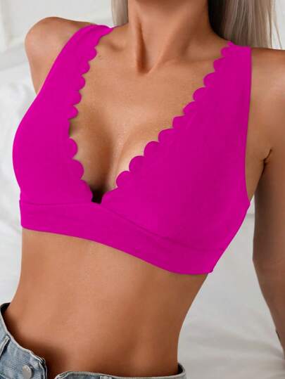 SHEIN Swim Summer Women's Solid Color Lace Trim Minimalist Fitted Bikini Top