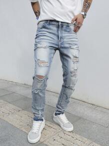 Manfinity LEGND Men's Button Front Pocket Ripped Casual Denim Jeans - Blue - View 6