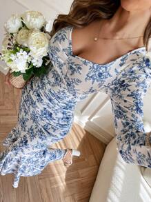 SHEIN VCAY Women's Elegant  Long Sleeve Knit Printed Sweetheart Neck Ruffle Hem Fitted Dress,Wedding Guest Dress,Cute Summer Dress,Summer Clothes ,European Summer - Blue and White - View 1