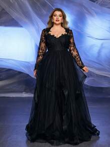 Glamrae 大码长袖刺绣网眼拼布高领蓬松薄纱裙，优雅精致新款新娘婚纱 - 黑色 - 查看 7