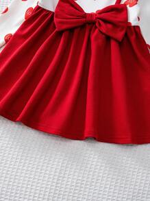 Cozy Pixies 女婴心形图案撞色针织柔软圆领长袖连衣裙，情人节 - 紅色 - 查看 4