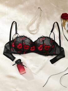 Valentine's Day Heart & Lips Sexy Balconette Bra, Cute Women Lingerie - Black - View 6