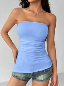 SHEIN PETITE Women's Solid Color Ruched Bandeau Crop Top, Minimalist Fitted Design - Blue - View 6