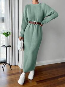 SHEIN Cottnline Round Neck Raglan Sleeve Maxi Sweater Dress With Beading - Mint Green - View 7