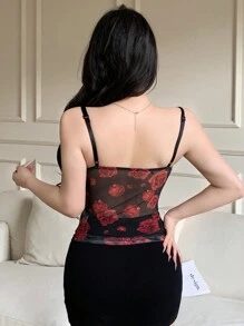 DAZY Sheer Rose Print Sleeveless Tank Top For Women, Summer New Arrival - Red - View 2