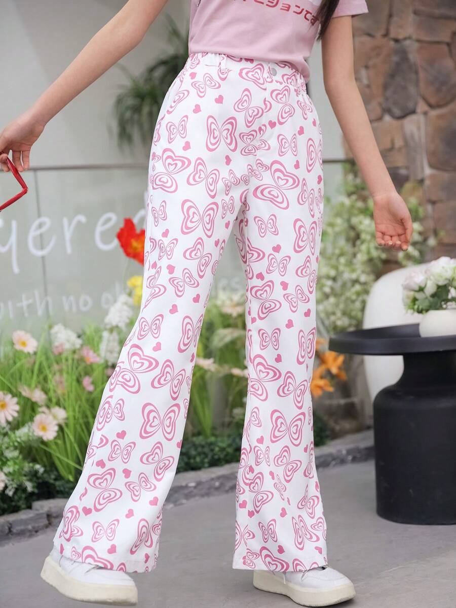 Girls Butterfly Print Front Button Casual Pants, Older Kid - Pink - View 1