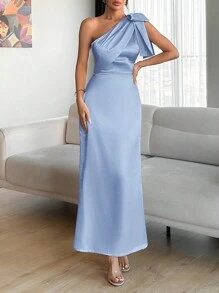 EURMUSE Váy satin chi tiết thắt nơ màu chimpagne - Màu xanh nhạt - Xem 6