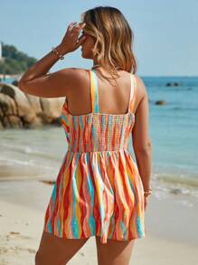 SHEIN VCAY Tuta da spiaggia estiva stampa Boho vacanza taglia comoda con spalline intrecciate e dettagli traforati, per l'estate - Multicolore - Visualizzare 2