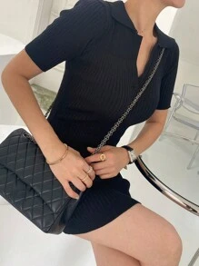 DAZY Women Short Wrap Style Short Sleeve Polo Neck Sweater Dress Fall - Black - View 7