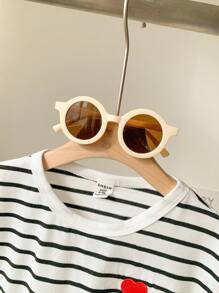 SHEIN Baby Girl Infant Toddler Casual All-Match Everyday Versatile Heart Embroidery Black & White Striped Short Sleeve T-Shirt Top, 0-3 Years Old - Black and White - View 6