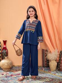 Tween Girl Casual Elegant Comfortable Loose Long Sleeve Top And Pants 2Pcs Set - Navy Blue - View 4