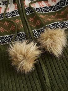 ROMWE Fairycore Vintage Nature-Inspired Striped Fuzzy Collar Hooded Cardigan - Army Green - View 4