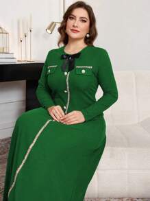 Modelyn 简约通勤罗纹蝴蝶结细节长袖 A 字加大码连衣裙，常规款式，适合春秋季长款女装 - 綠色 - 查看 6