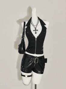 SHEIN ICON 女士无袖前拉链休闲上衣，日常穿着 - 黑色 - 查看 8