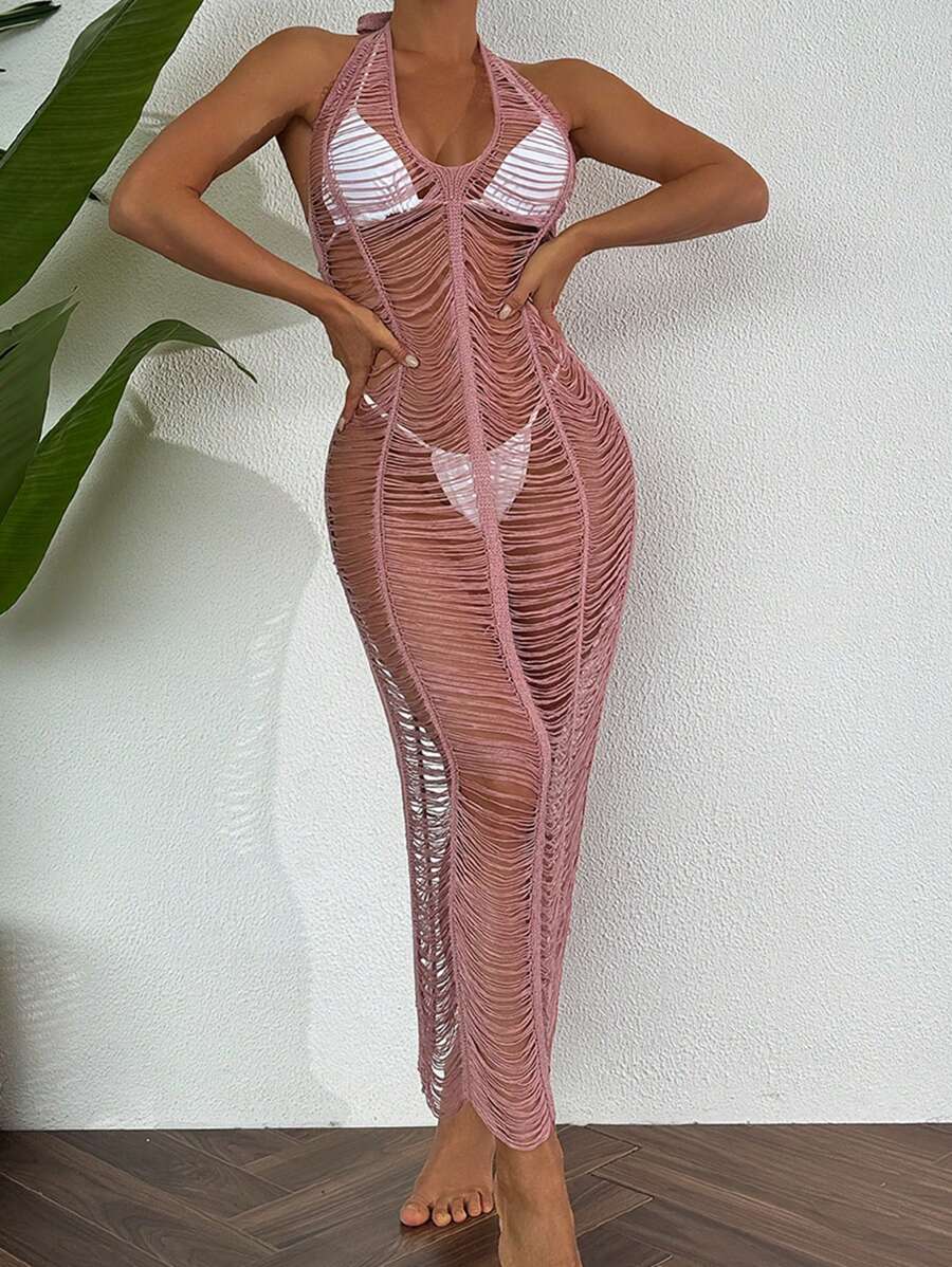 SHEIN Swim Vestido de cuello de halter de unicolor para mujer, de espalda descubierta y recortado, diseño sencillo y ajustado, para cubrir en verano - Rosa vieja - Ver 1