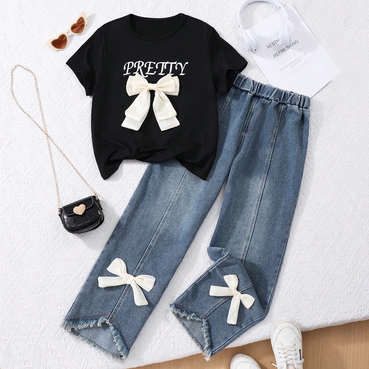 Set de 2 piezas, blusa de manga corta con decoración de lazo 3D y pantalón vaquero largo para niña preadolescente, conjunto de vestimenta diario
