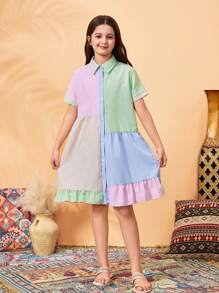 Đầm sơ mi phối sọc màu sắc cho bé gái tuổi teen, trang phục thường ngày đi làm. - Nhiều màu - Xem 6