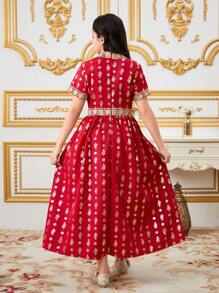 Tween Girls Gold Foil Floral Full-Printed Splice Gold Line Ribbon Trim Dress - Red - View 2