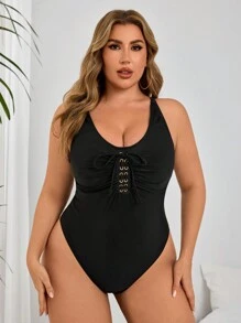 SHEIN Swim Traje de baño de una pieza talla grande para mujer con decoración metálica y fruncido delantero, casual/vacaciones/fiesta, para playa y verano