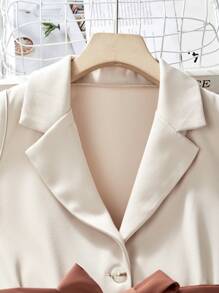 Tween Girl Solid Color Vest & Pleated Strap Dress 2 Pieces Set - Mocha Brown - View 3