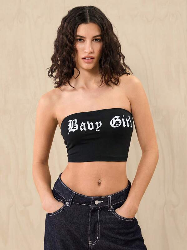 Easelle Top cu litere grafic crop tub-negru