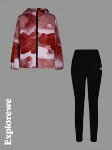 SHEIN Áo khoác trùm đầu chống thấm nước in chữ và núi cho bé gái tuổi mới lớn và quần thường ngày 2 món - trái cam - Xem 3