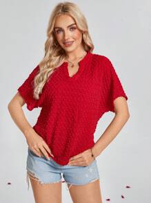 SHEIN LUNE 女士红色立领提花短袖衬衫，情人节 - 紅色 - 查看 6