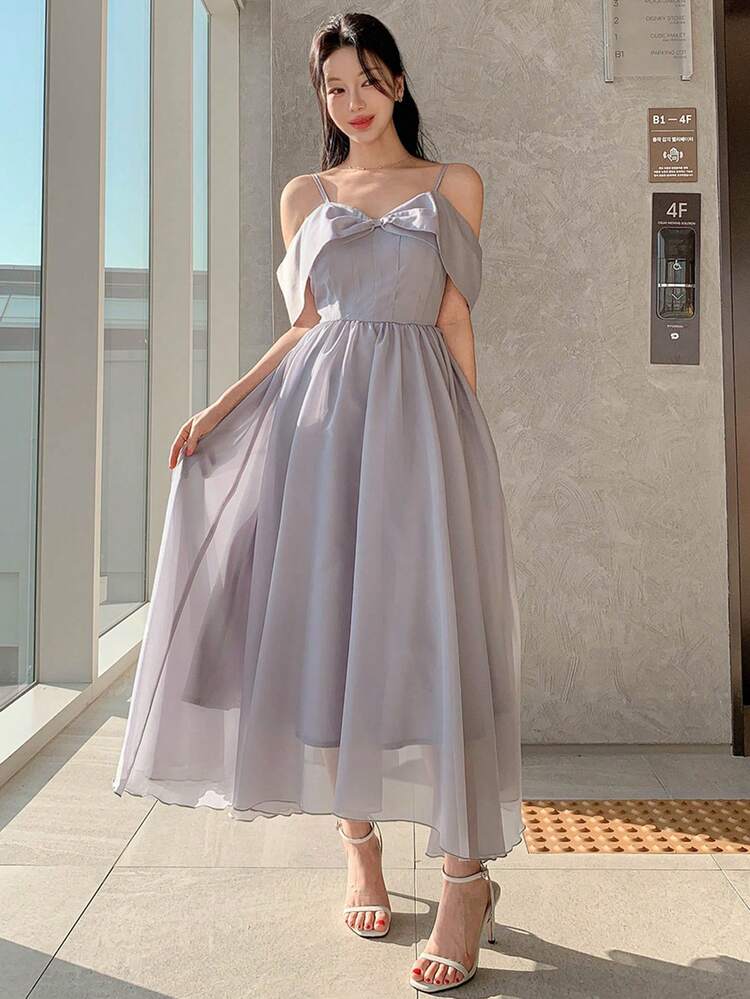Plain Color Pleated Ruffle Trim Women Midi Dress Sundress