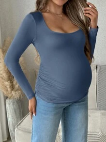 SHEIN Maternity Solid Color Long Sleeve Ruched Slim Fit T-Shirt, Casual For Daily Wear