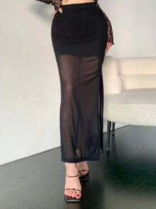 DAZY 女士透视网纱拼接高开衩紧身半身裙，性感约会之夜 - 黑色 - 查看 9